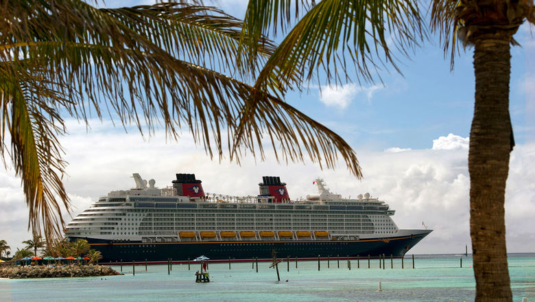 The Disney Fantasy at Castaway Cay, Disney Cruise Line's private island in the Bahamas.