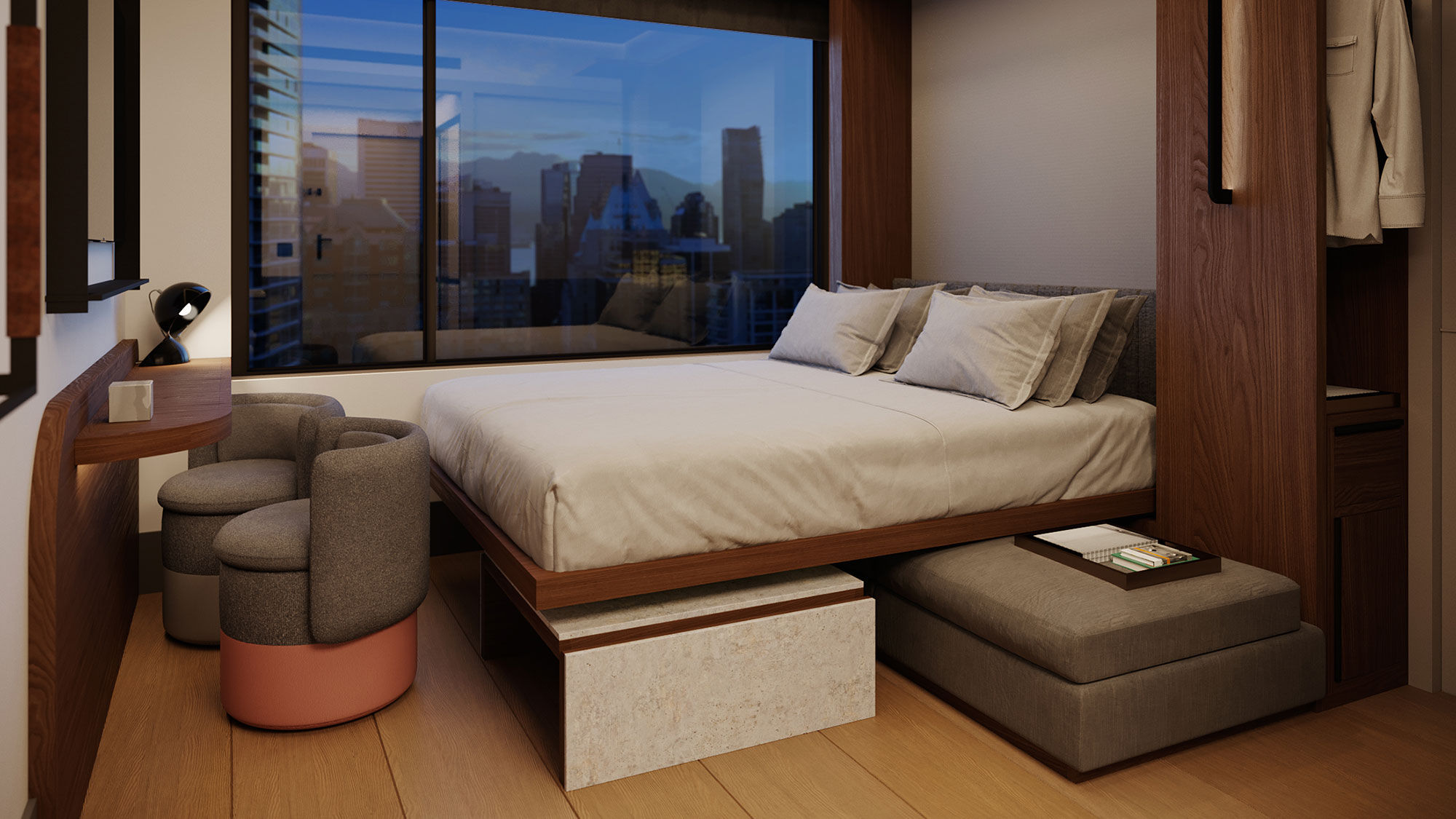 Some Motto rooms will feature a wall bed that can be folded away.