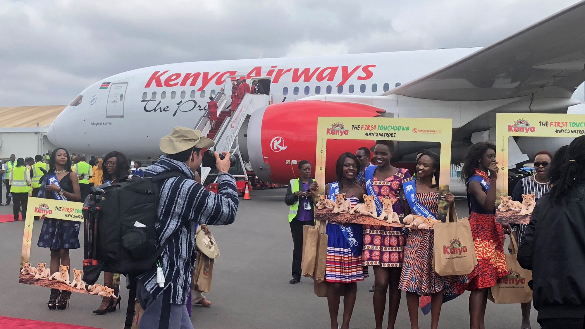 Kenya Airways' first New York flight arives at Nairobi's Jomo Kenyatta Airport.