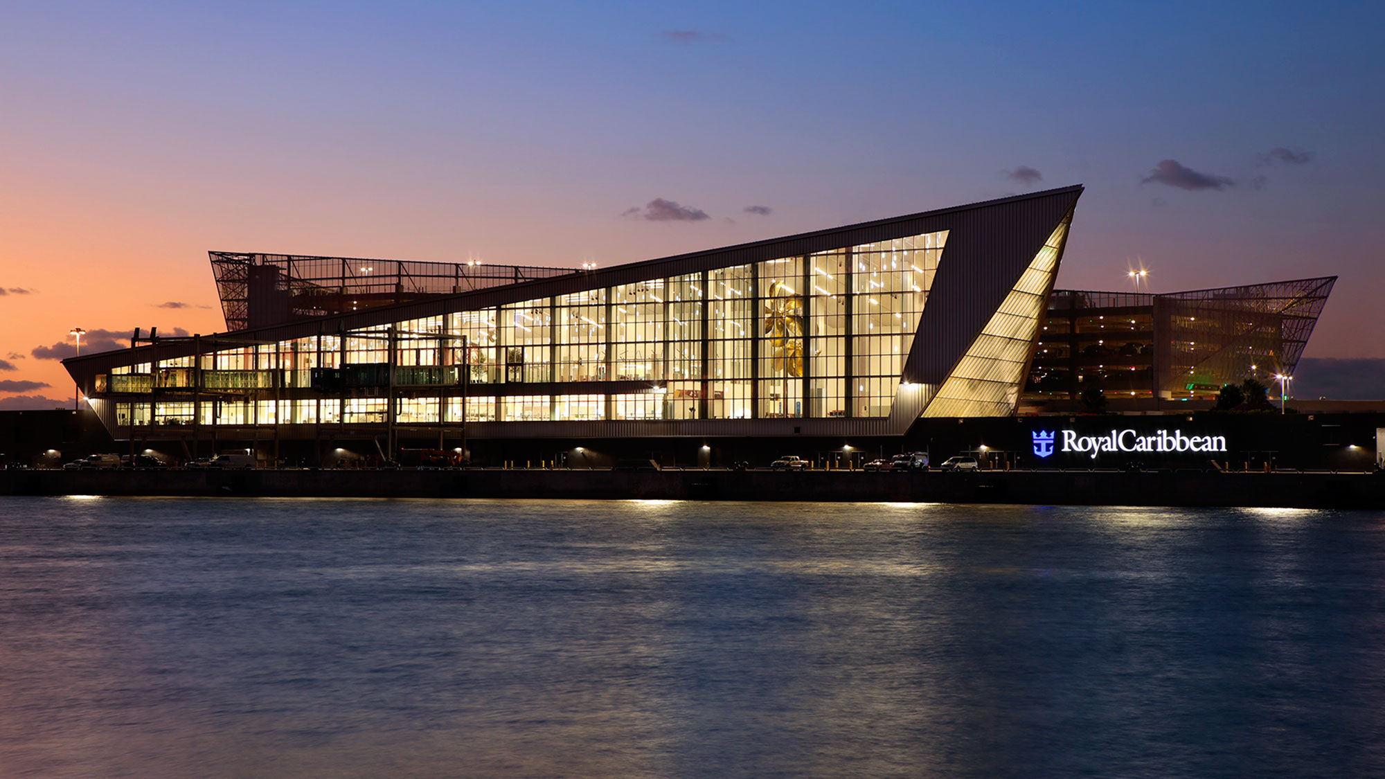 Designed by Broadway Malyan, the glass-walled terminal has several peaks meant to suggest the points of the crown in RCCL's crown-and-anchor logo.
