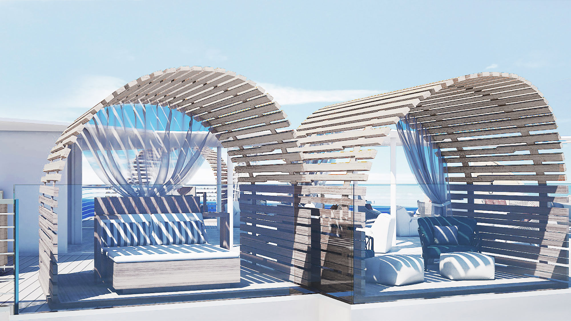 A rendering of the cabanas aboard the Flora.