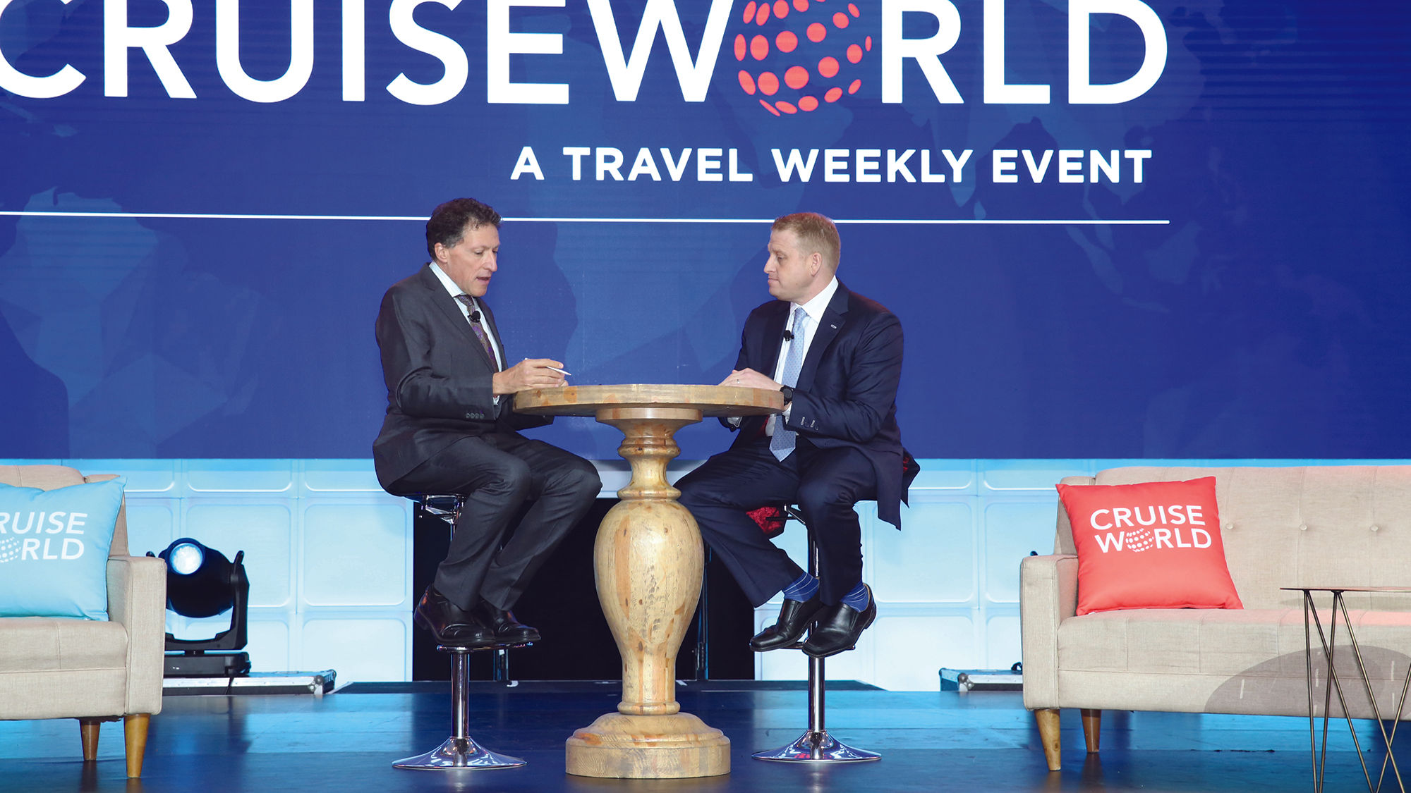 Royal Caribbean Cruises Ltd. CFO Jason Liberty, right, with editor in chief Arnie Weissmann at CruiseWorld.