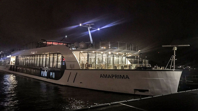 The AmaPrima, docked in Amsterdam, prepares to set sail on a 10-day cruise through the Netherlands and Belgium.