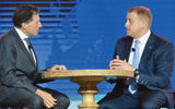 Travel Weekly editor in chief Arnie Weissmann, left, interviewed Royal Caribbean Cruises Ltd. CFO Jason Liberty on stage during Thursday's general session.
