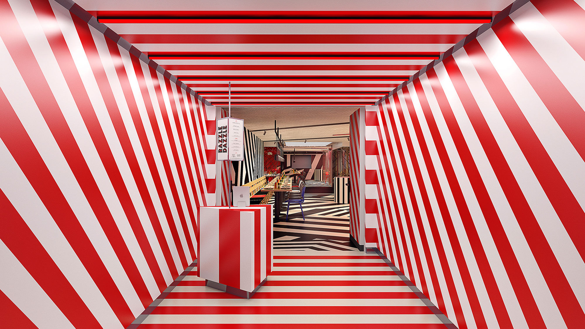 The bold stripes of the Razzle Dazzle restaurant.