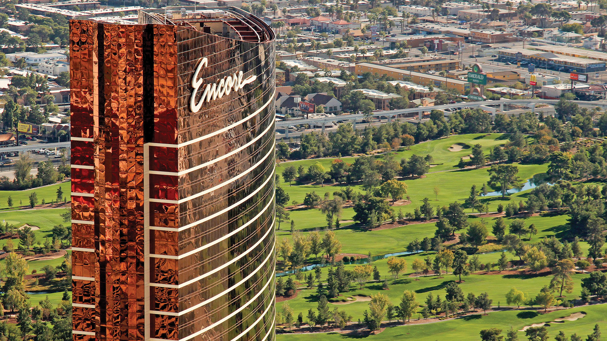 The Wynn Las Vegas Golf Club, which closed in December, can be seen behind the Encore Resort tower in 2016.