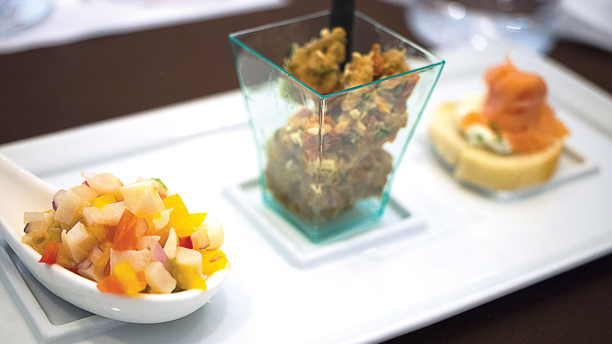 Conch salad; ahi tuna; and lox and cream cheese accompanied white wines during the pairing seminar at the Caribbean Food & Wine Festival.