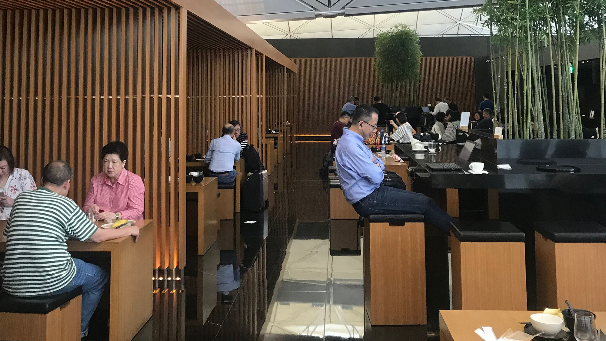 The noodle bar in the Wings lounge, one of four Cathay Pacific lounges in the Hong Kong airport.