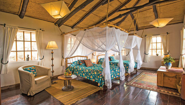 One of the 10 chalets, or bandas, at the Virunga Lodge in Rwanda. One of the 10 chalets, or bandas, at the Virunga Lodge in Rwanda.
