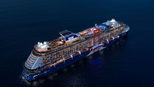The Celebrity Edge's cantilevered Magic Carpet on its starboard side exemplifies the ship's asymmetrical design.