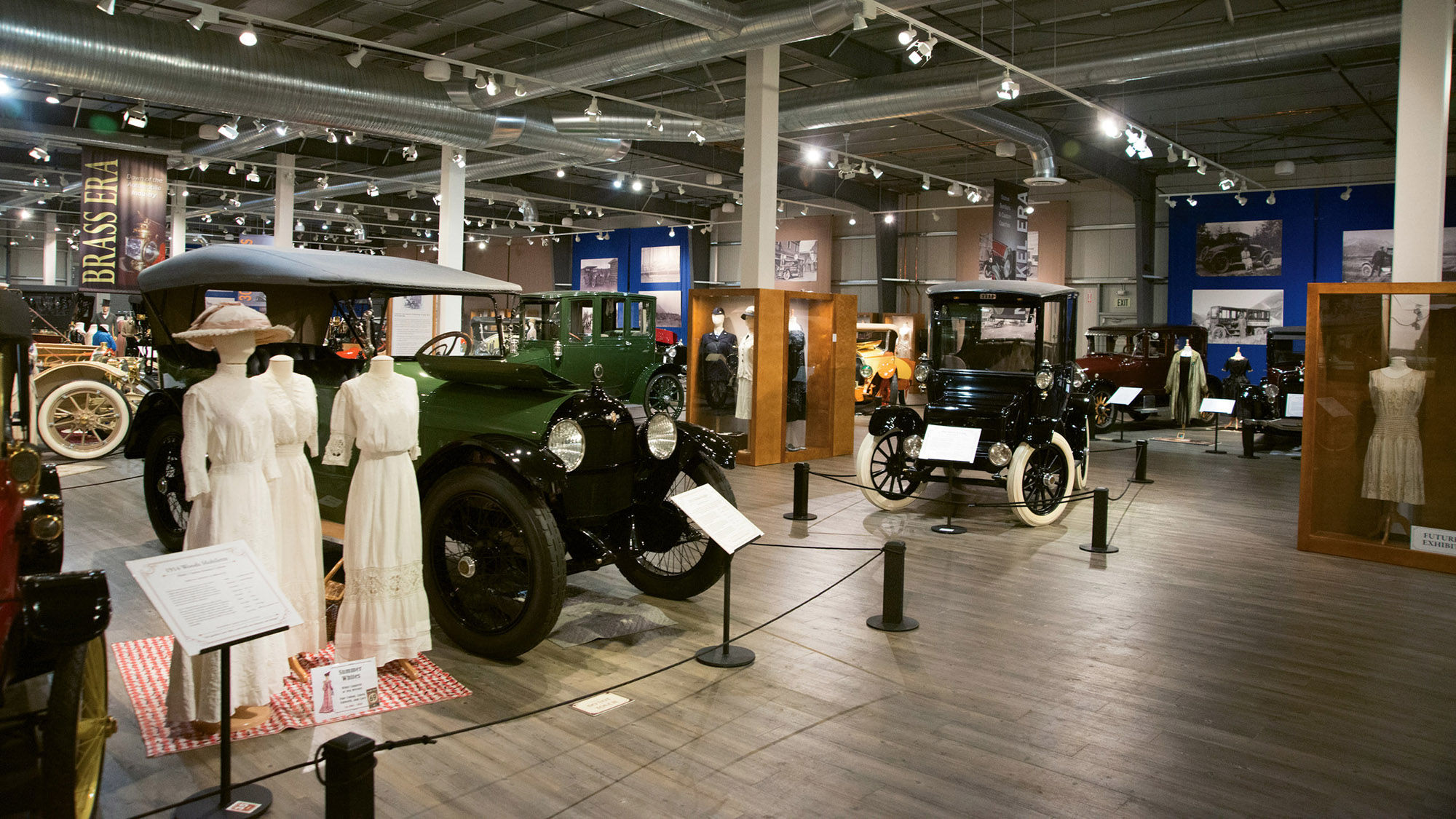 Vintage apparel alongside antique cars at the Fountainhead Antique Auto Museum.