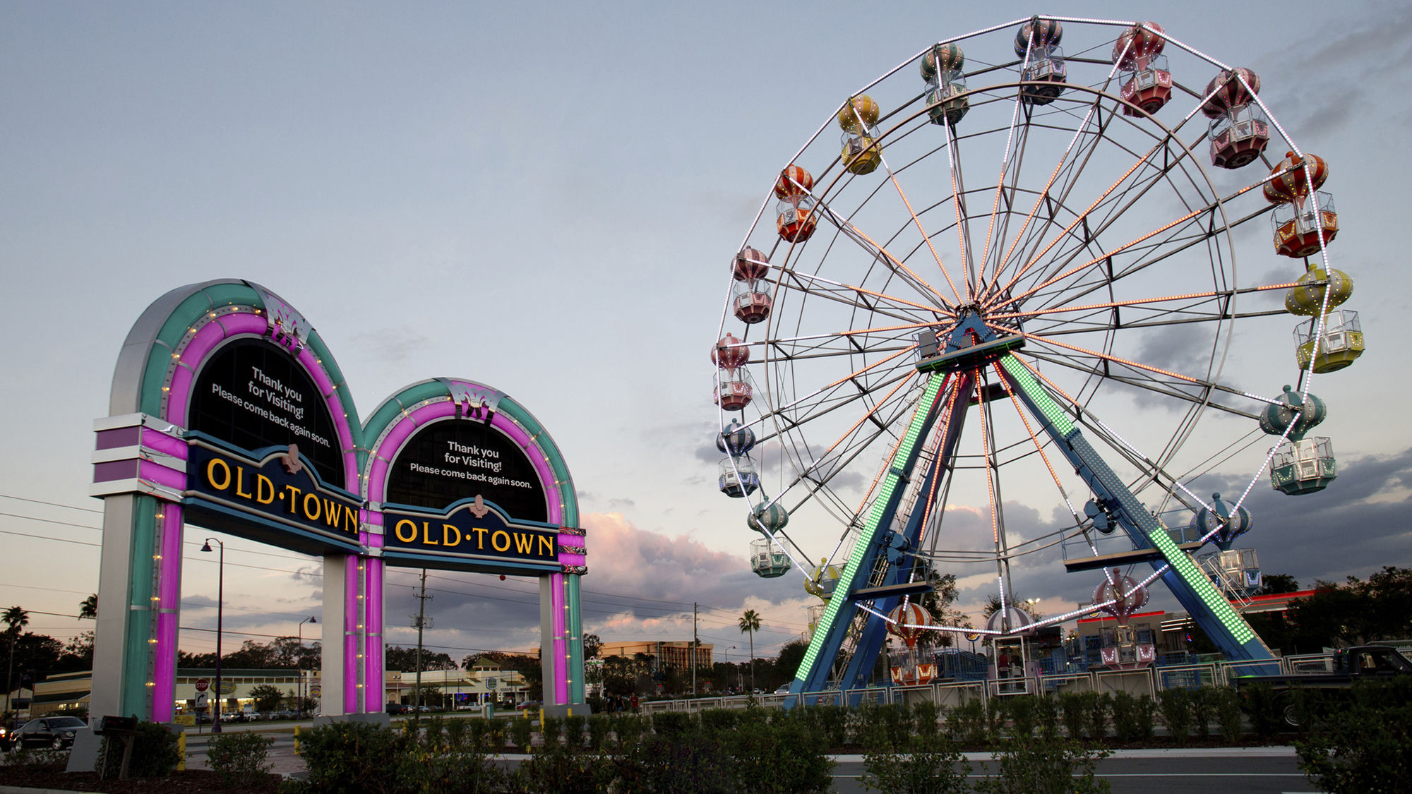 The new Ferris wheel and art deco signage at Old Town Kissimmee.