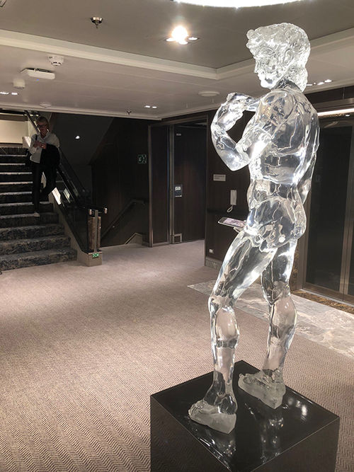 This translucent resin copy of the David statue with a cell phone is a social media favorite on Nieuw Statendam This translucent resin copy of the David statue with a cell phone is a social media favorite on Nieuw Statendam