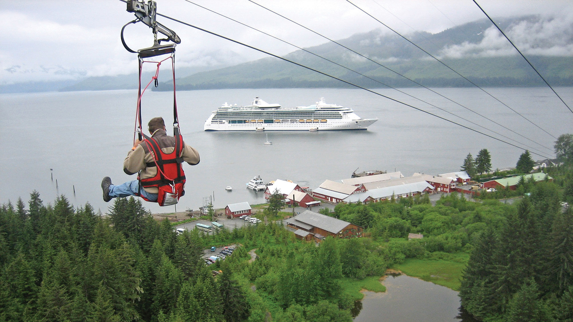 A zipline rider at Icy Strait Point.