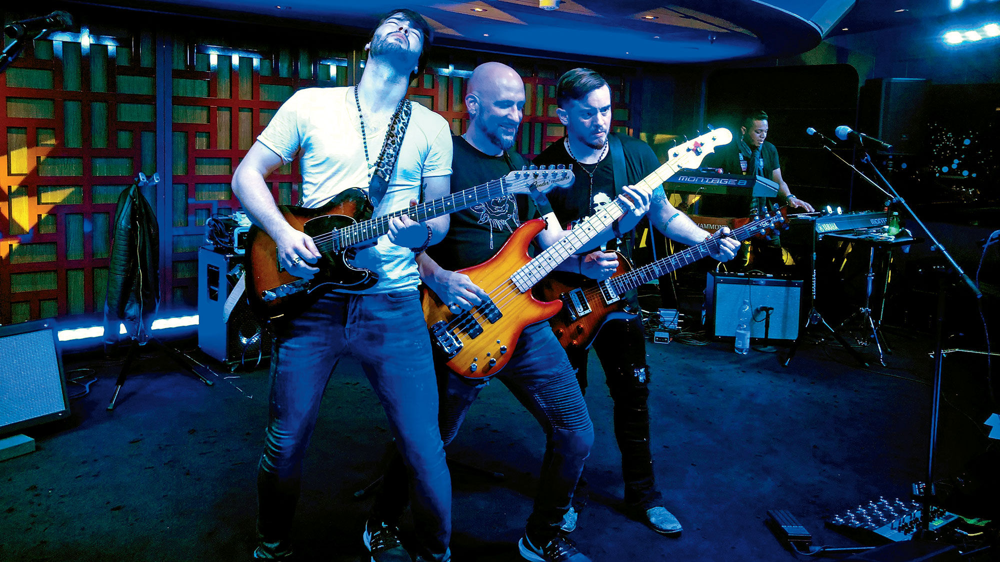A band performed classic rock covers in the Rolling Stone Rock Room.
