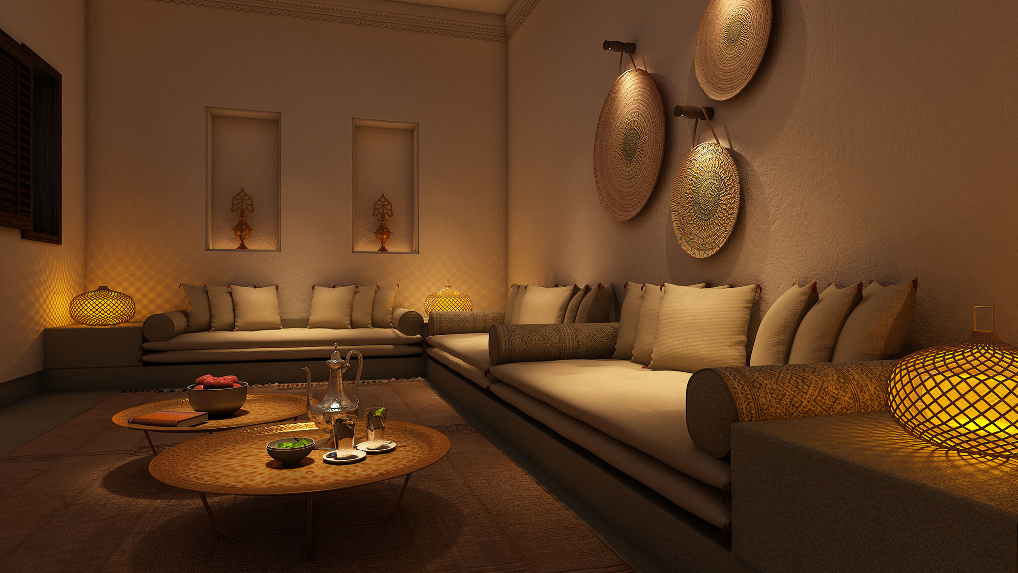 The living room in an Al Bait Sharjah guestroom. The 53-room hotel officially opened Dec. 13.