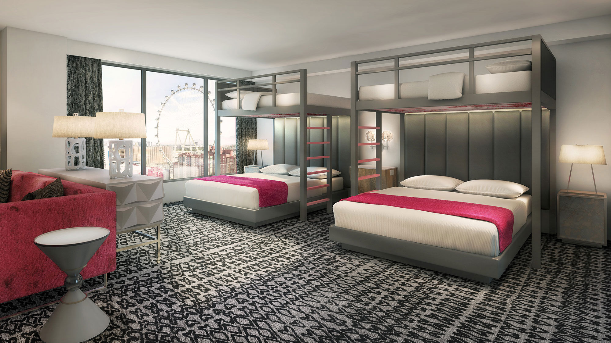 A rendering shows one of the Flamingo's new bunk bed rooms, which will easily accommodate six adults.