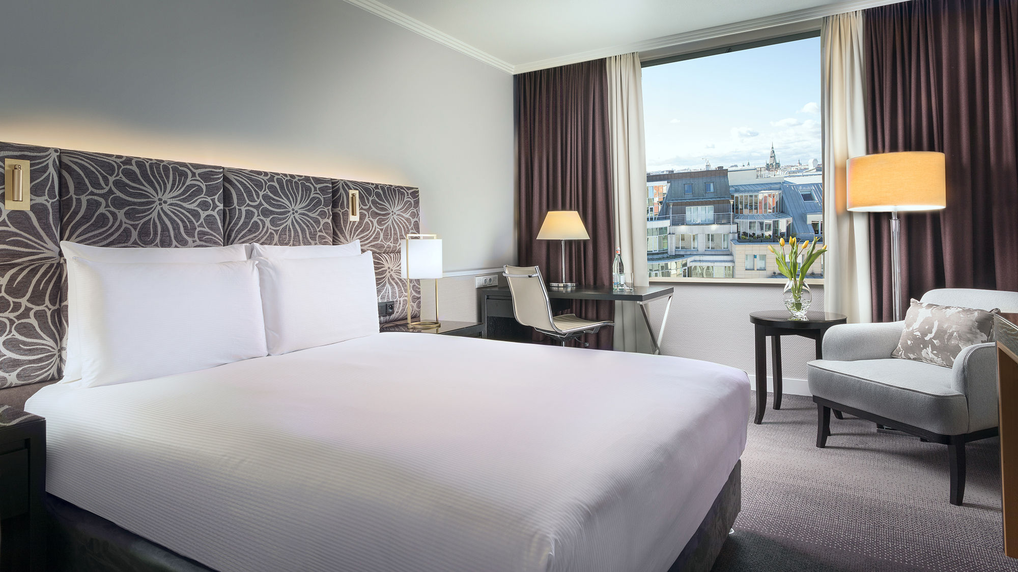A king guestroom at the Hilton Prague Old Town. All guestrooms were updated in the hotel's recent multimillion-dollar renovation.