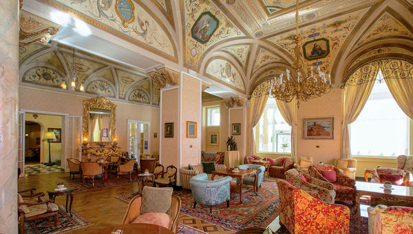 The richly decorated lobby at the Grand Hotel Villa Serbelloni.