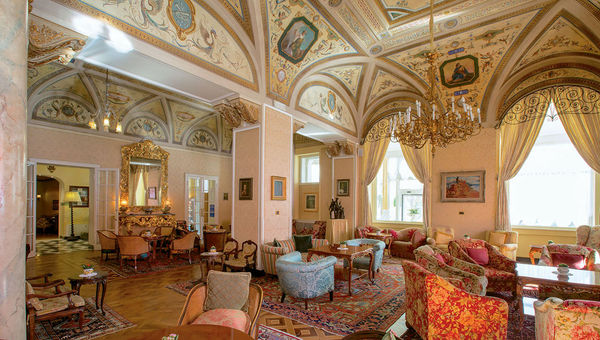 The richly decorated lobby at the Grand Hotel Villa Serbelloni. The richly decorated lobby at the Grand Hotel Villa Serbelloni.
