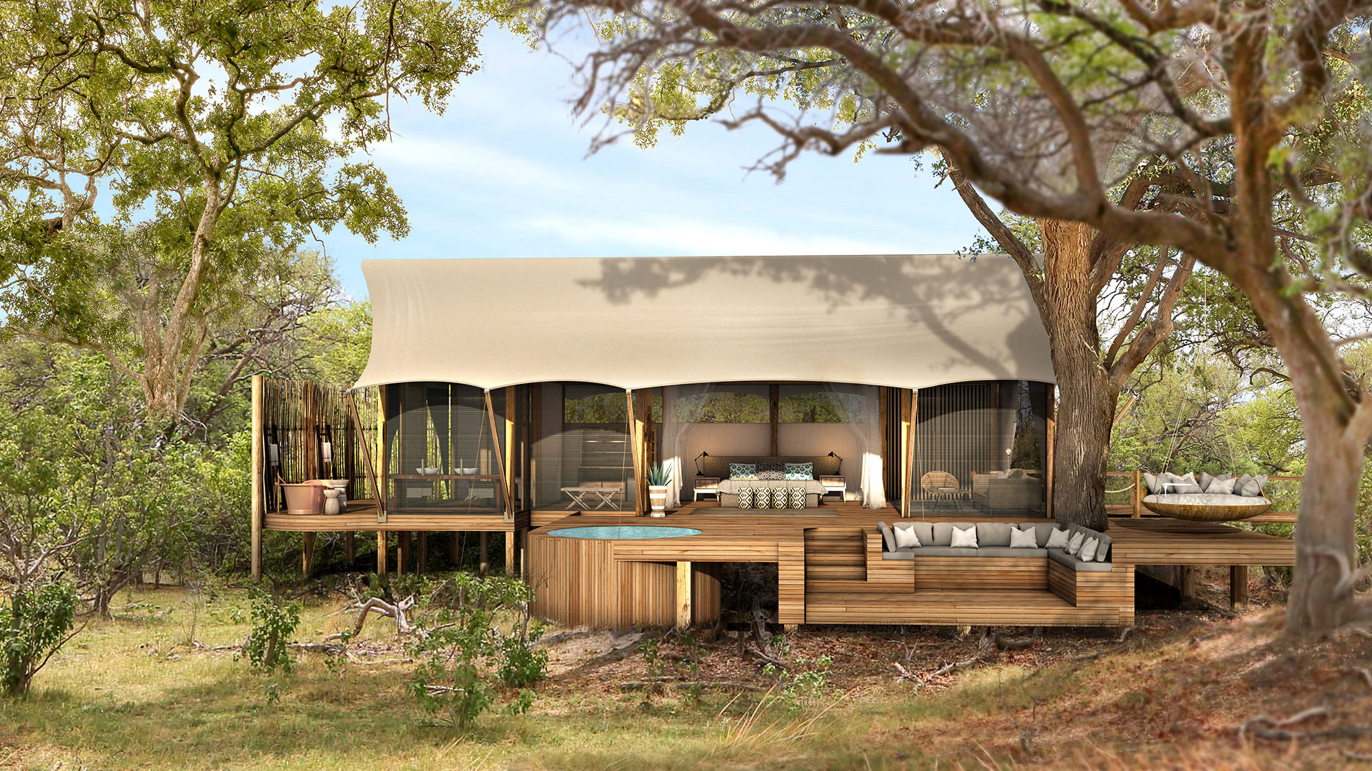 A rendering shows a bedroom in a luxury tent at Natural Selection's Tuludi property.