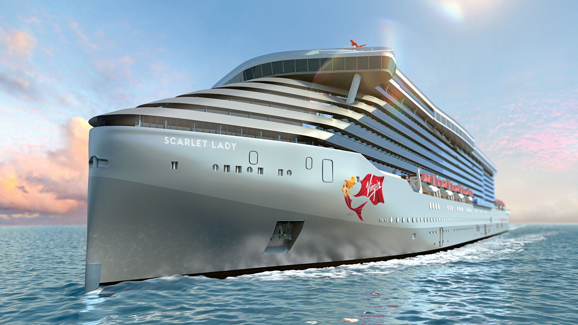 A rendering of Virgin Voyages' first ship, to be called Scarlet Lady.
