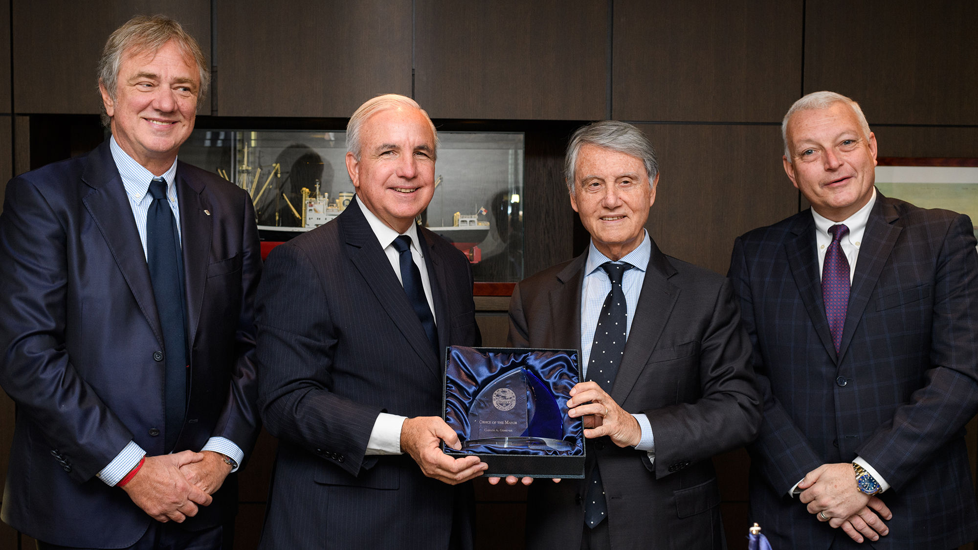 MSC Cruises and Miami-Dade County officials signed off on a proposed expansion of MSC's terminal development at PortMiami. Pictured (from left): Pierfrancesco Vago, executive chairman, MSC Cruises; Carlos Gimenez, mayor of Miami-Dade County; Gianluigi Aponte, executive chairman, MSC Group; and Juan Kuryla, director and CEO of PortMiami.