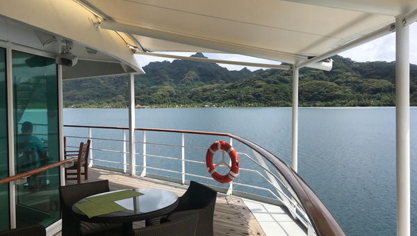 The view from the top deck of the Paul Gauguin anchored off Huahine, a lush, sparsely populated island in French Polynesia.