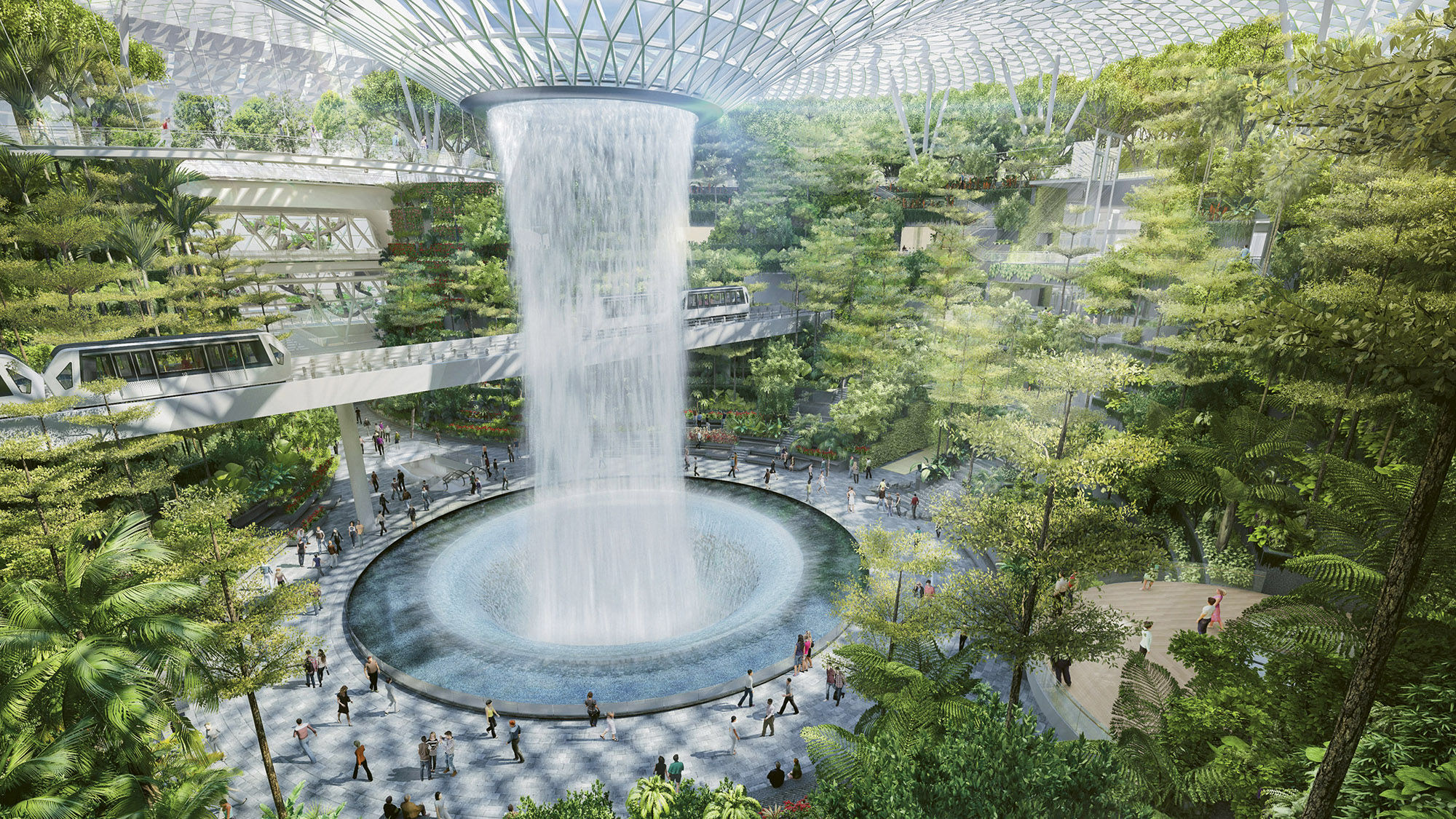 A rendering shows the Rainfall Vortex at the Jewel Changi mixed-use space opening at Singapore’s Changi Airport this year.