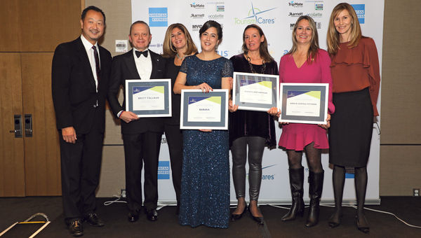 From left: Greg Takehara, vice chairman of Tourism Cares; Brett Tollman, CEO, the Travel Corporation; Malia Asfour, director of the Jordan Tourism Board in North America; Muna Haddad, founder of Baraka; Dominique Callimanopulos, founder of Elevate Destinations; Alexandra Garcia, chief program officer, World Central Kitchen; and Paula Vlamings, CEO of Tourism Cares.