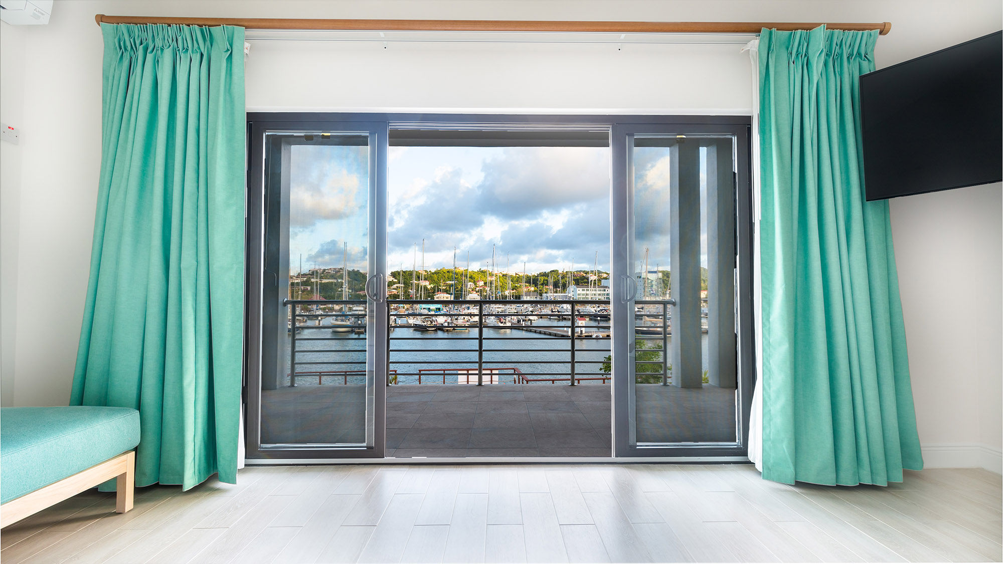 The marina view from the new villas at Waters Edge complex in Rodney Bay Marina in St. Lucia.