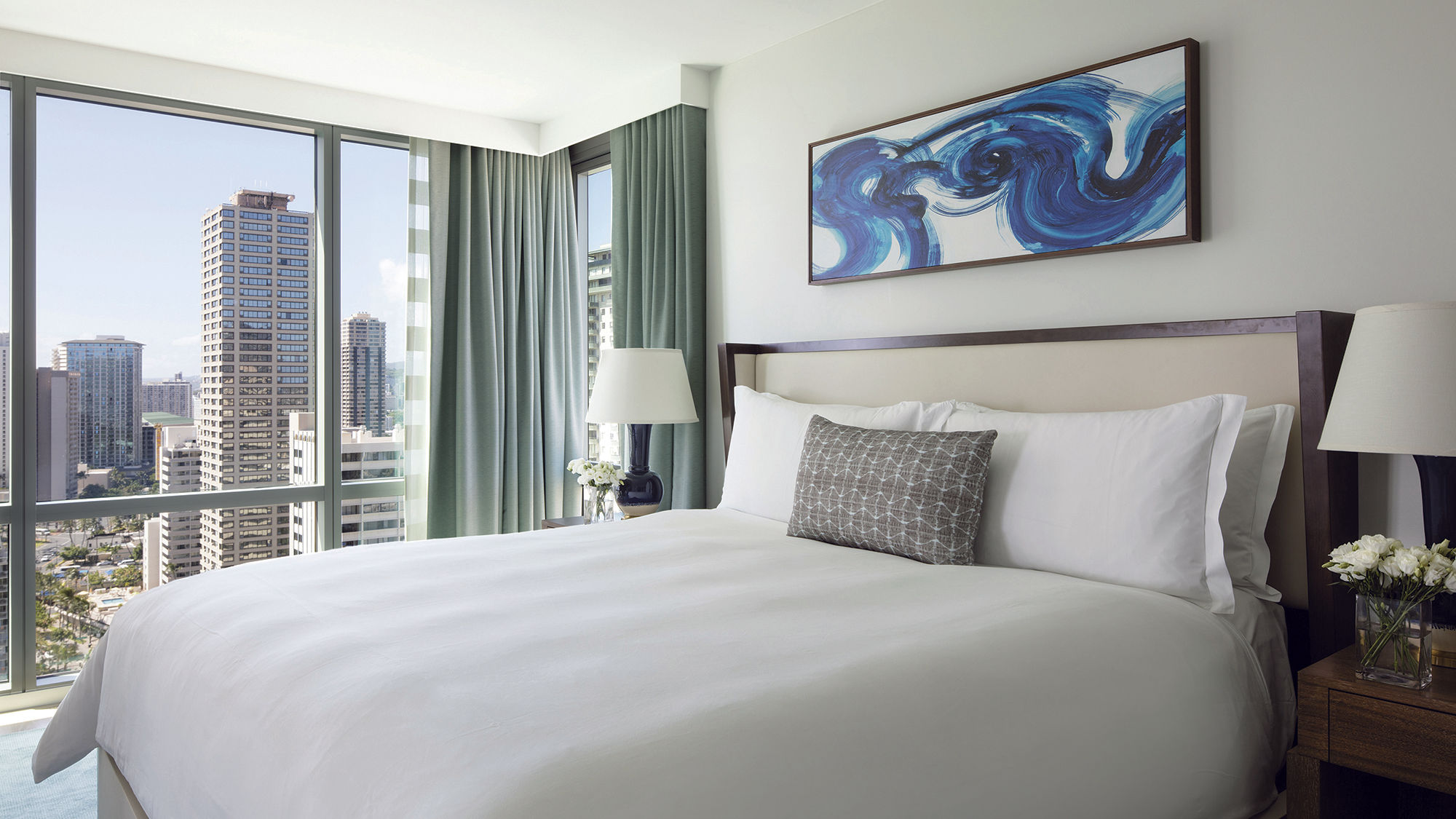A guestroom at the Ritz-Carlton Residences Waikiki Beach.