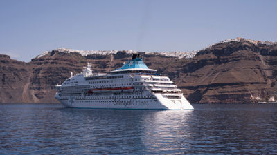The Celestyal Crystal off Santorini.
