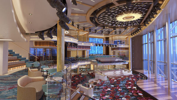 Grand Central will include three-deck-high floor-to-ceiling windows and a bar overlooking the starboard side of the ship. Grand Central will include three-deck-high floor-to-ceiling windows and a bar overlooking the starboard side of the ship.