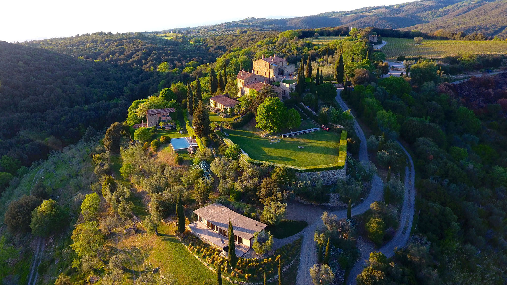 Castello di Vicarello is located on nearly 100 acres of private land comprising vineyards, olive groves, farmland and forests.
