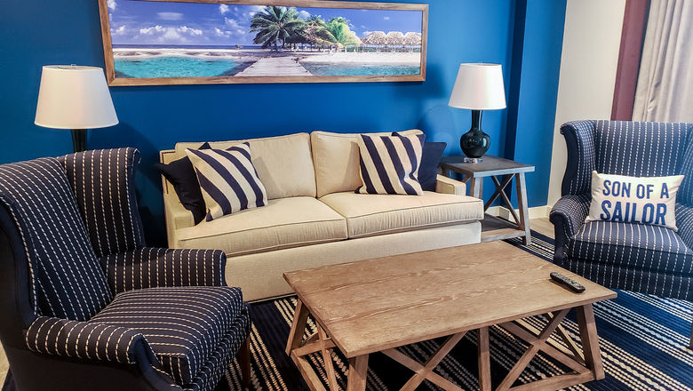 Living area of a suite guestroom at the Margaritaville Resort Orlando.