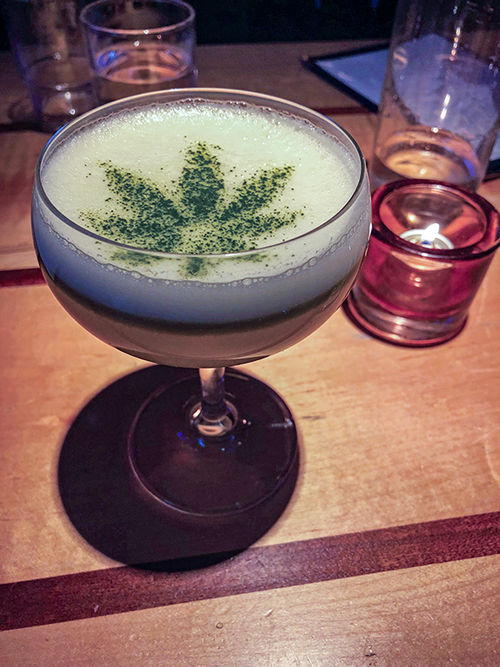 The Standard, East Village’s No Bar serves the Matcha Haze, a cocktail made with gin, mezcal, green tea, egg white, lemon and a half-dropper of CBD tincture produced at a local smoke shop. The Standard, East Village’s No Bar serves the Matcha Haze, a cocktail made with gin, mezcal, green tea, egg white, lemon and a half-dropper of CBD tincture produced at a local smoke shop.