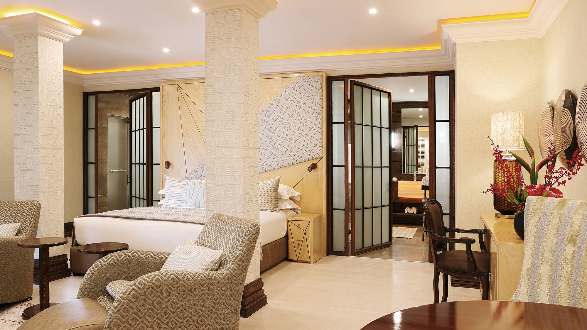 The bedroom in the Nelson Mandela Platinum Suite at the Saxon Hotel, Villas and Spa in Johannesburg's Sandhurst neighborhood.