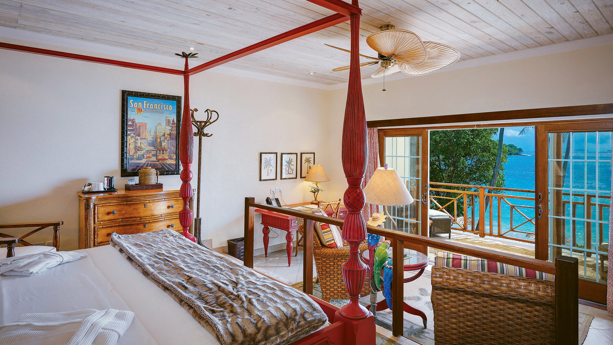 A Junior Plantation Suite at the Bequia Beach Hotel with a view of Friendship Bay and the island of Mustique.