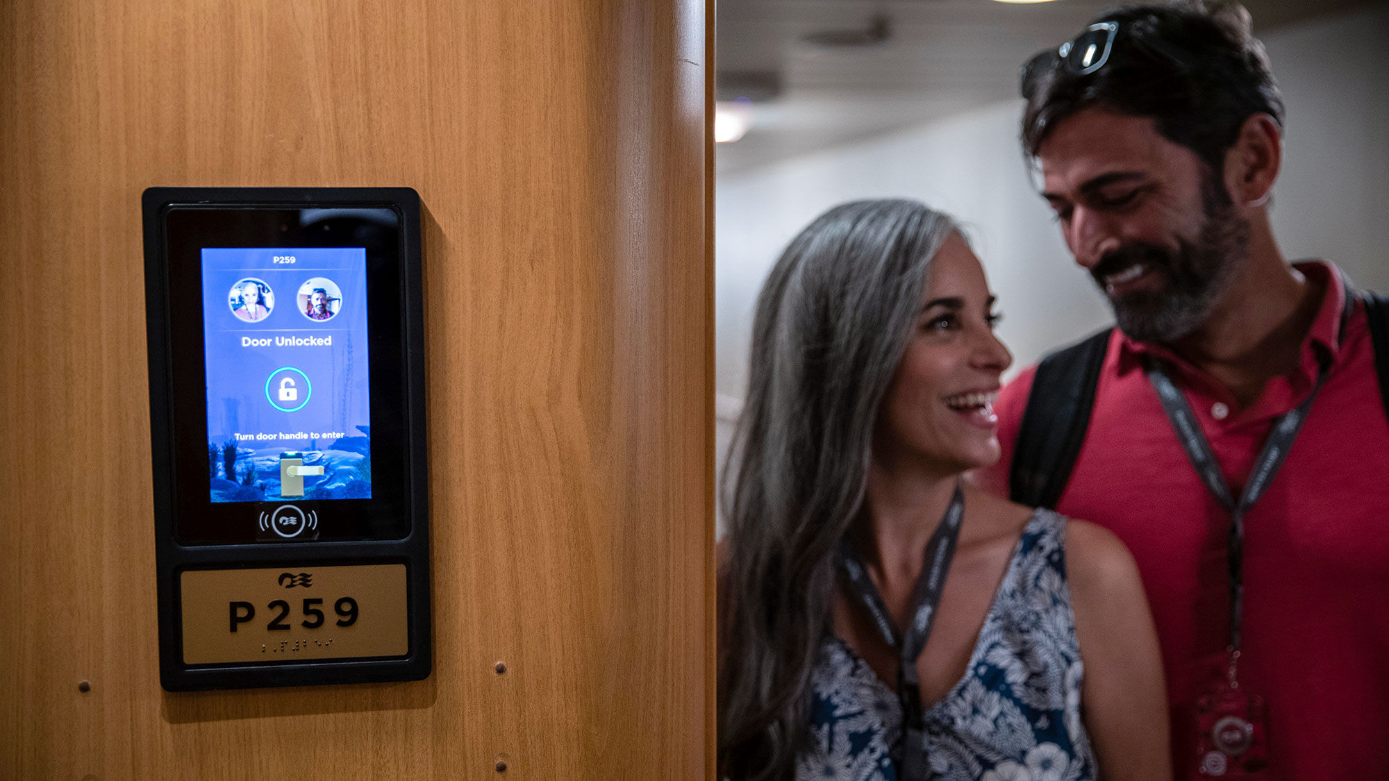 Cabin doors unlock when sensing an approaching guest wearing the OceanMedallion.