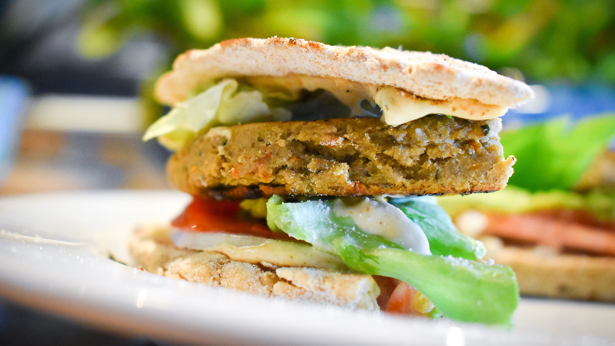 The taro burger at Moku Roots, a new vegetarian restaurant in Lahaina striving for zero-waste operations, is a popular menu item.