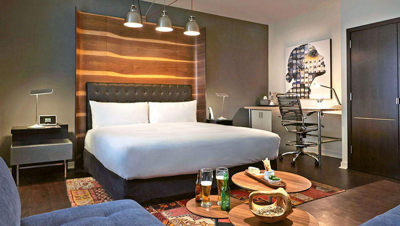A guestroom at the Hotel Zetta, which partnered with Well + Away to create rooms for wellness-focused guests.