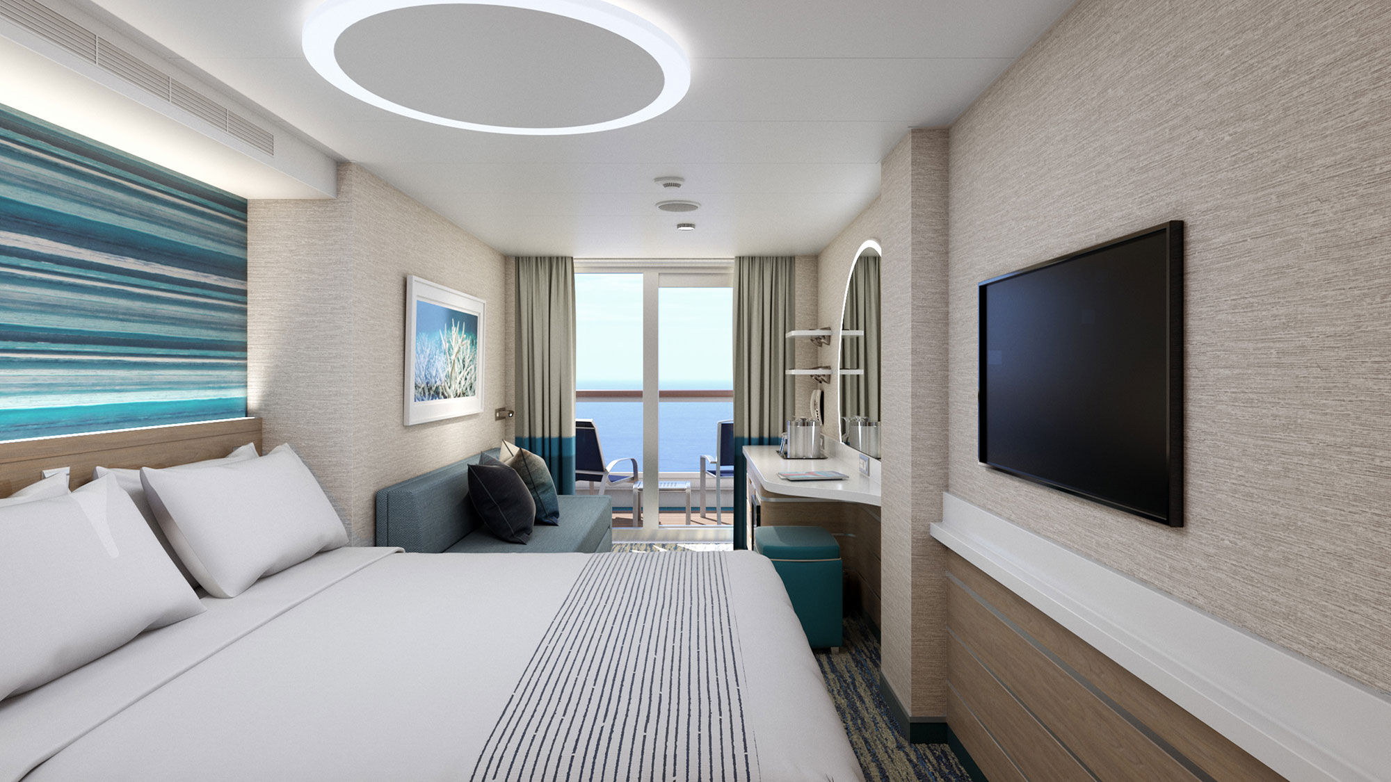 Distinguished by muted turquoise hues, cabins will feature floor-to-ceiling glass sliding doors on nearly all verandahs.