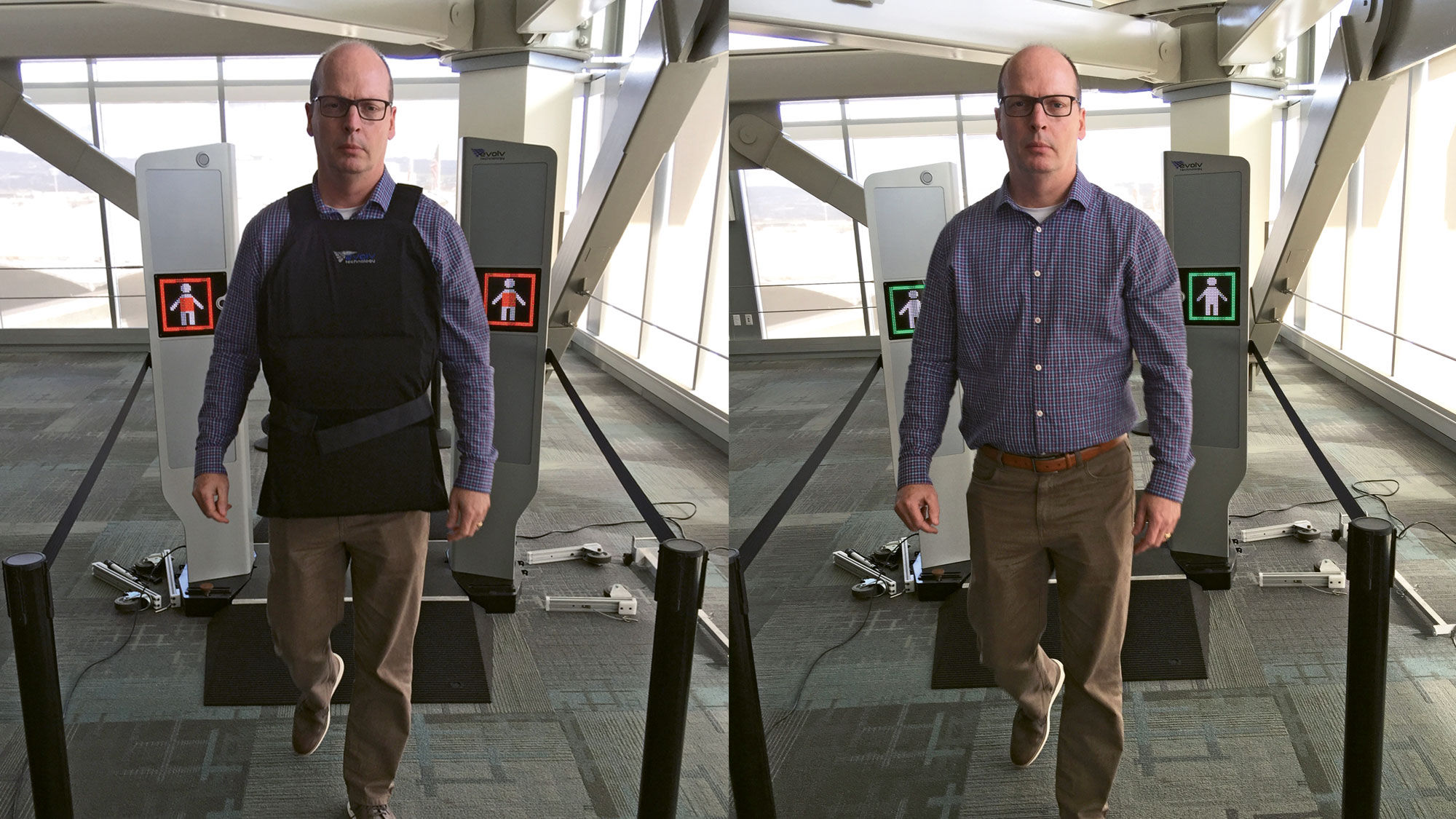 Left, Evolv Technology account executive Bill McAteer triggers a red warning graphic by walking through an Edge scanner wearing a mock suicide vest. Right, McAteer gets the green light from the system.