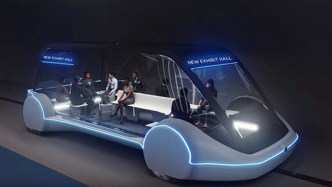 A rendering of The Boring Company's autonomous electric people mover, proposed to shuttle visitors around the Las Vegas Convention Center in an underground loop.