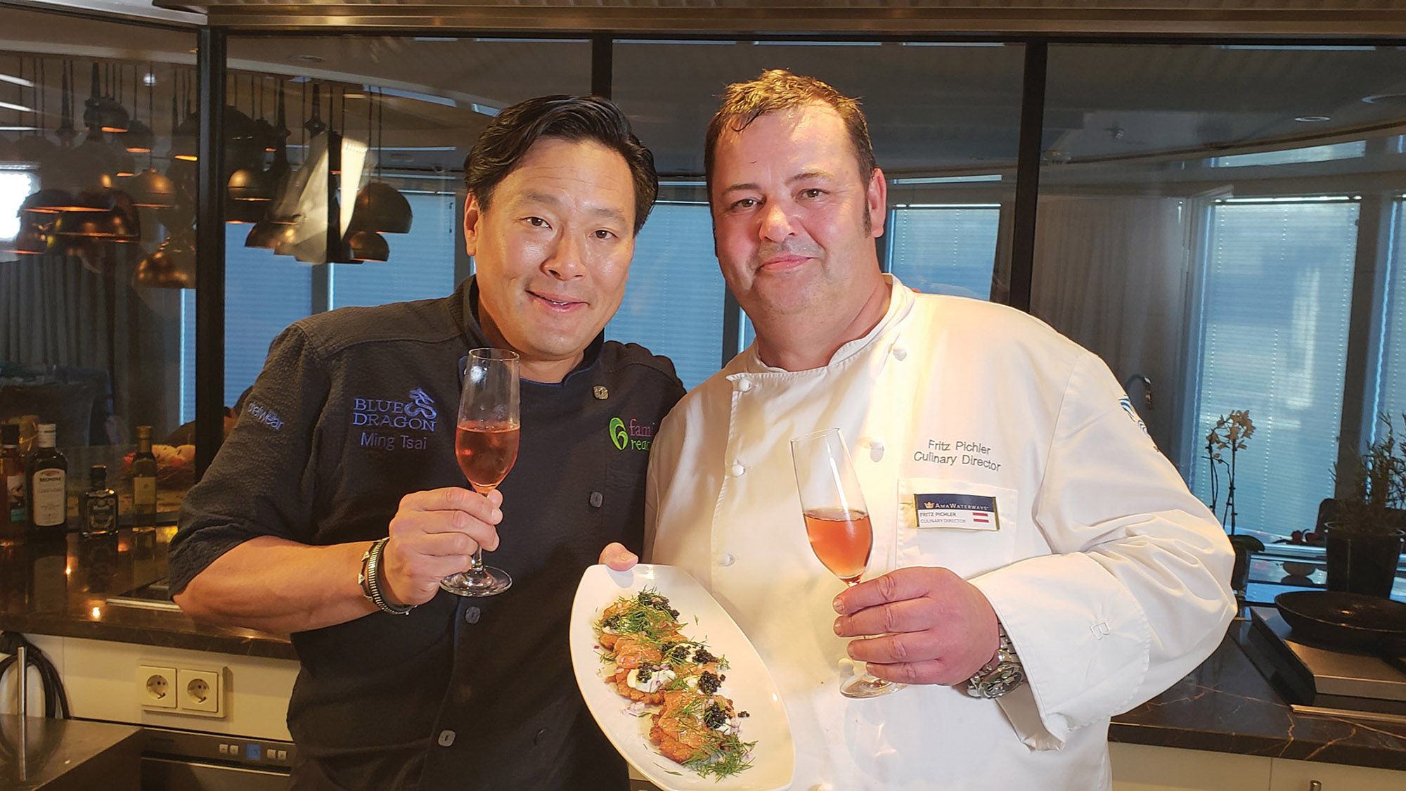 Chef Ming Tsai with AmaWaterways chef Fritz Pilcher. The line’s AmaStella was featured in seven episodes of the celebrity chef’s “Simply Ming” TV series.
