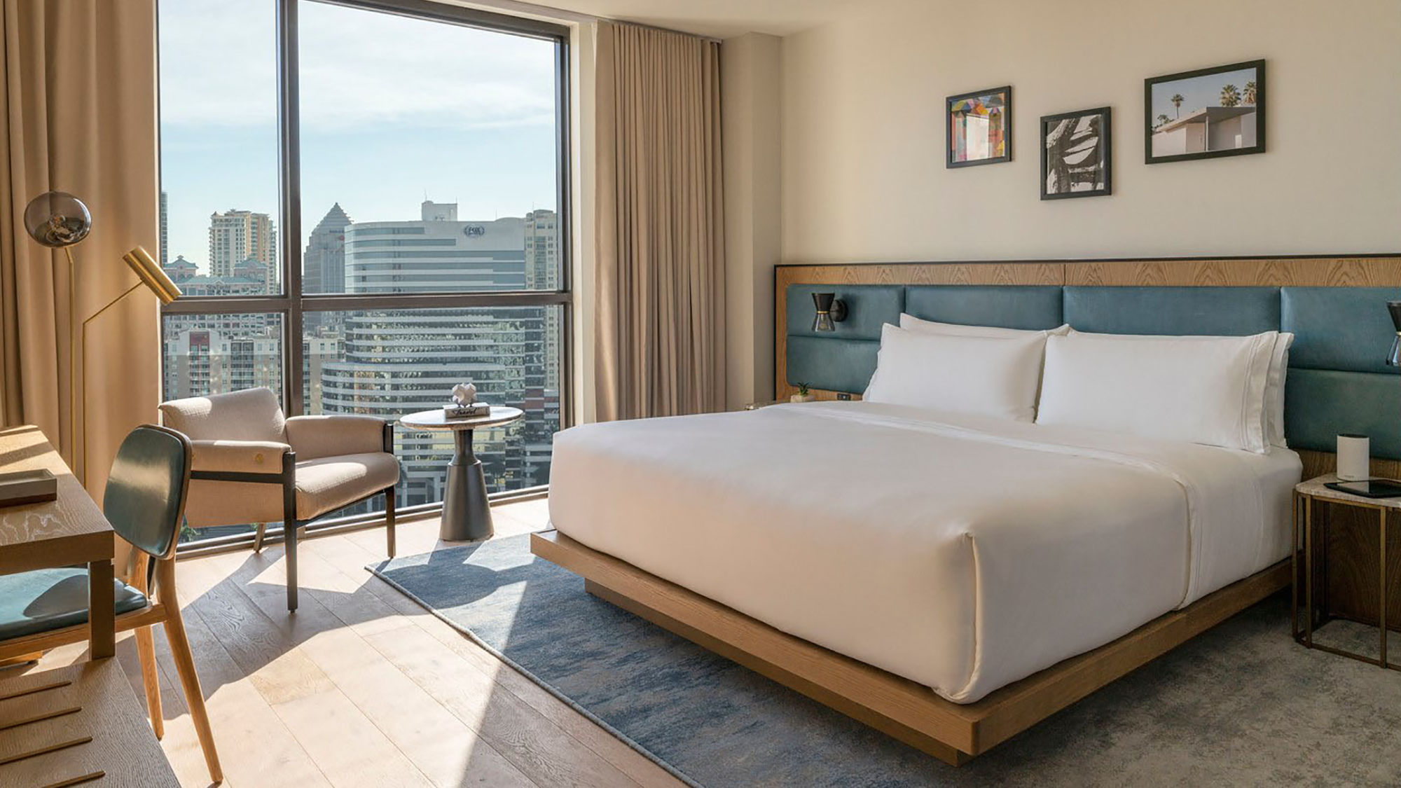 Interior of a king guestroom at the Dalmar Hotel in Fort Lauderdale.