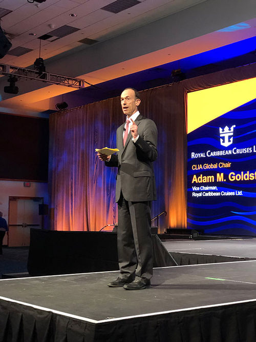 Adam Goldstein addressing attendees at CLIA's Cruise360. Adam Goldstein addressing attendees at CLIA's Cruise360.