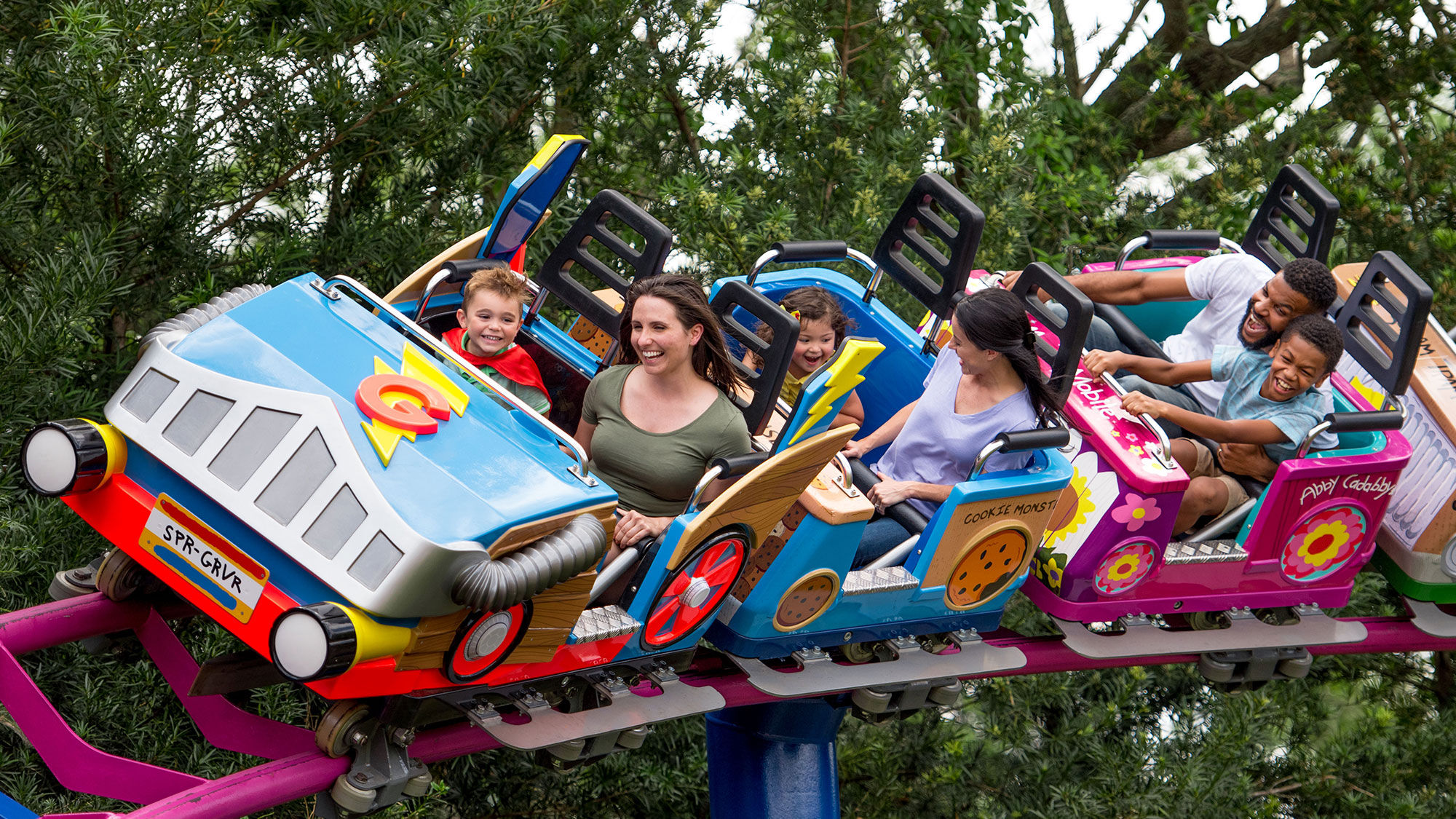 Super Grover's Boxcar Derby rollercoaster, one of the 11 new rides and attractions that make up Sesame Street at SeaWorld Orlando.