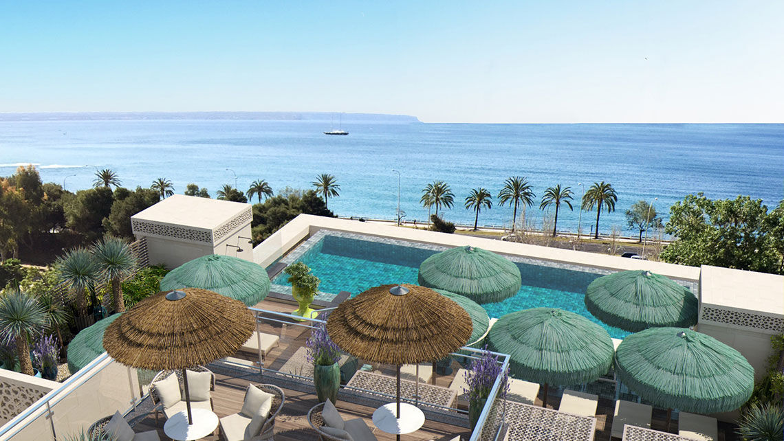 The rooftop pool at El Llorenc Parc de la Mar in Palma, Mallorca.